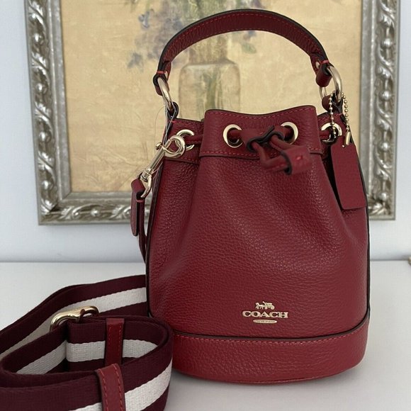Coach Handbags - NWT COACH Leather Dempsey Drawstring Bucket Bag Crossbody 15 Gold / Red